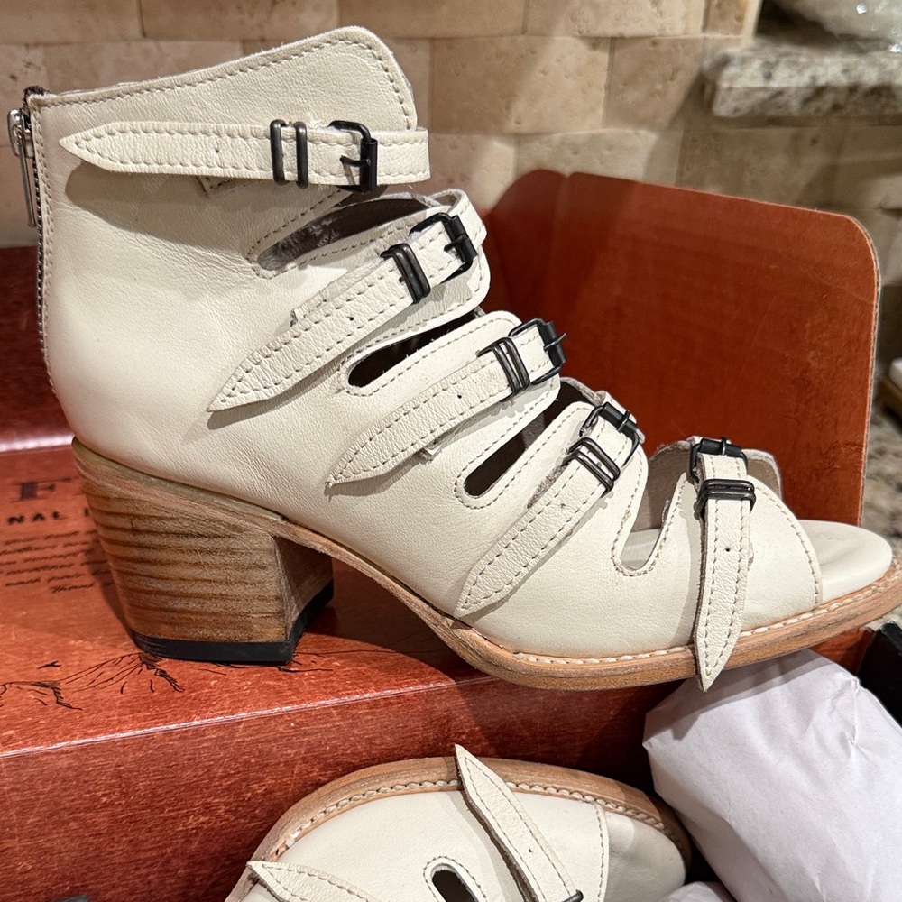 Freebird Cream Heeled Boots with Buckle Detail